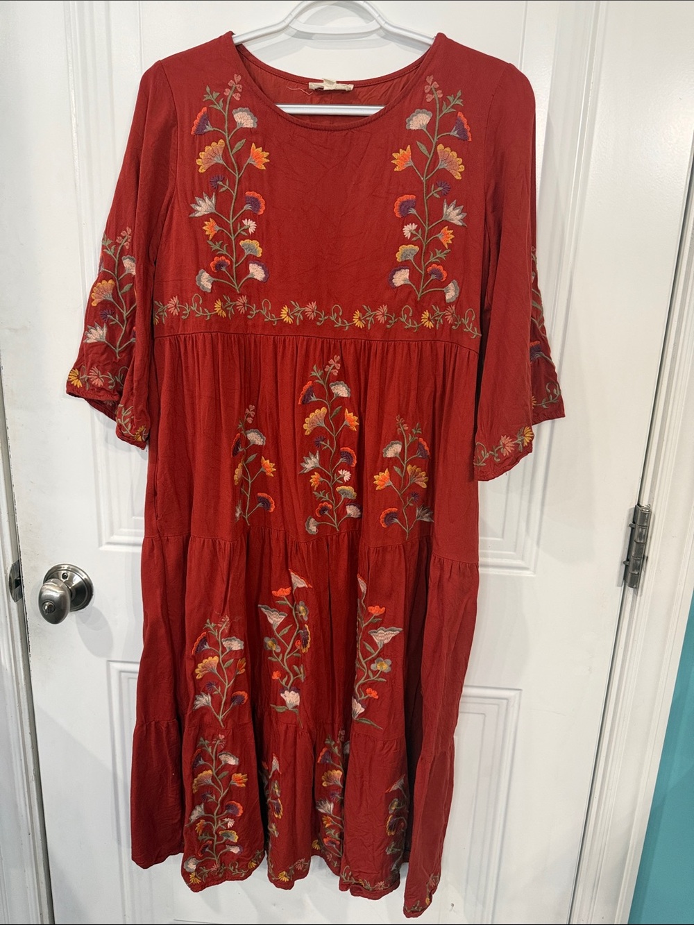 Roolee Rust Red Embroidered Tiered Midi Dress
